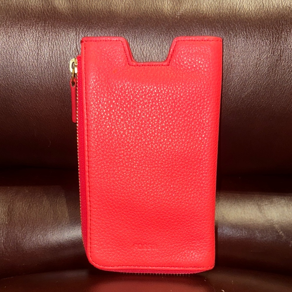 Fossil Red Leather RFID Phone Sleeve Wallet